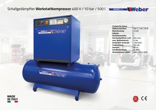 Schallgedämpfter Werkstattkompressor 400 V / 10 bar / 500 l Tank
