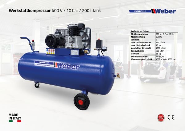 Werkstattkompressor 400 V / 10 bar / 200 l Tank
