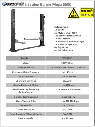 2 Säulenhebebühne Mega 5500 4x3 - 400 V