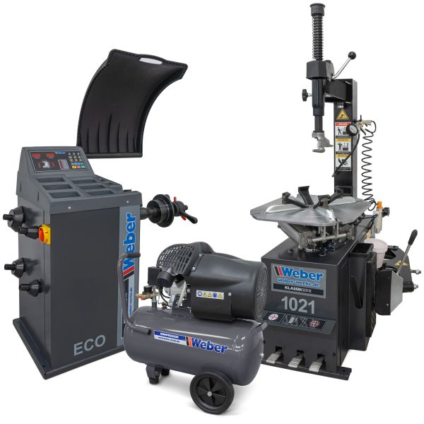 PKW Reifenmontiermaschine 1021 und Radwuchtmaschine "ECO" inkl. Werkstattkompressor 230 V / 10 bar / 50 l Tank