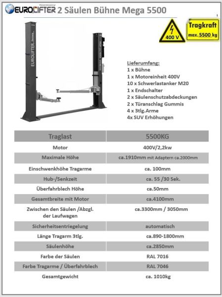 2 Säulenhebebühne Mega 5500 4x3 - 400 V